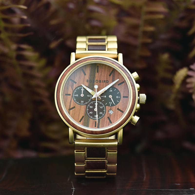 Classic Handmade Natural Rosewood Round Gold Chronograph Men's Wooden Watches - Sunlight Q26-2