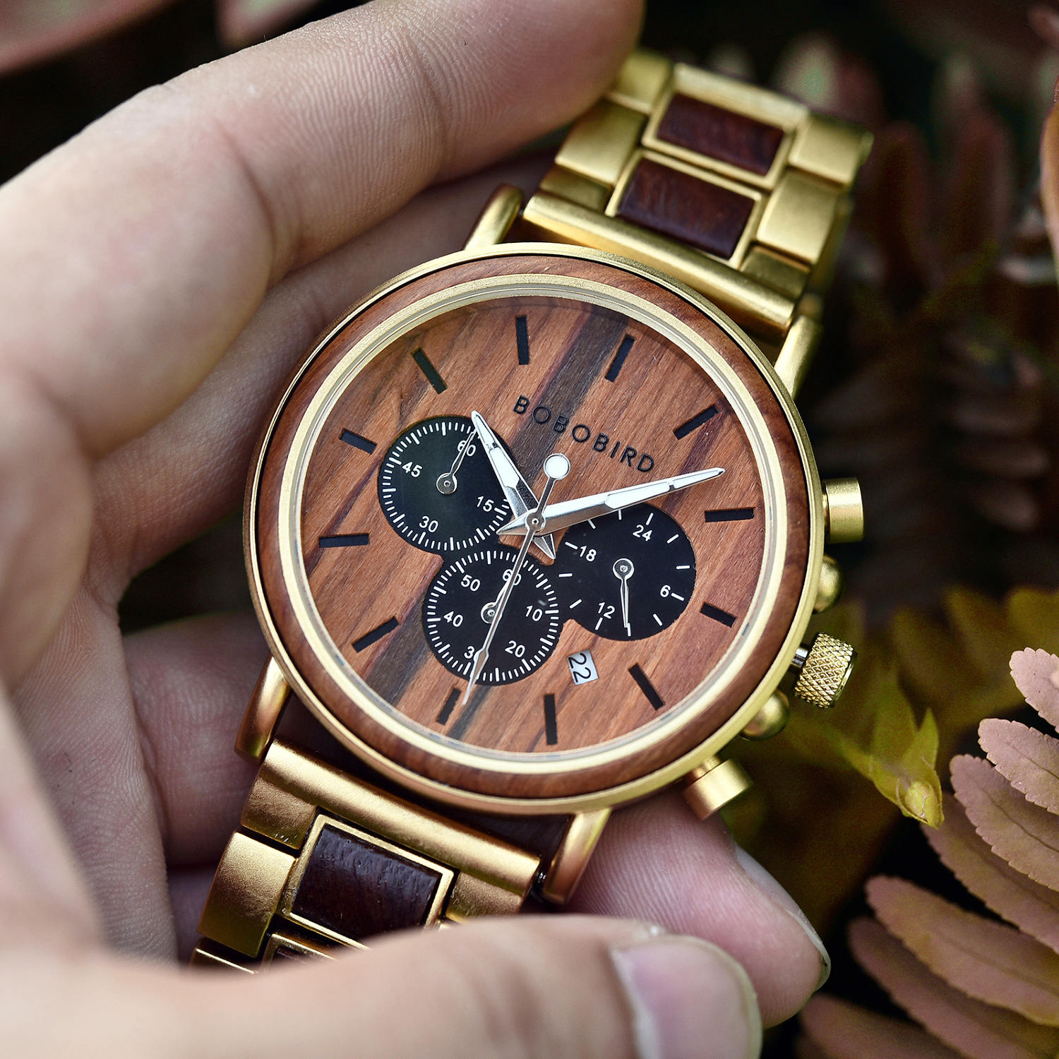 Personalized Gift Rosewood Round Gold Chronograph Men's Wooden Watches - Sunlight