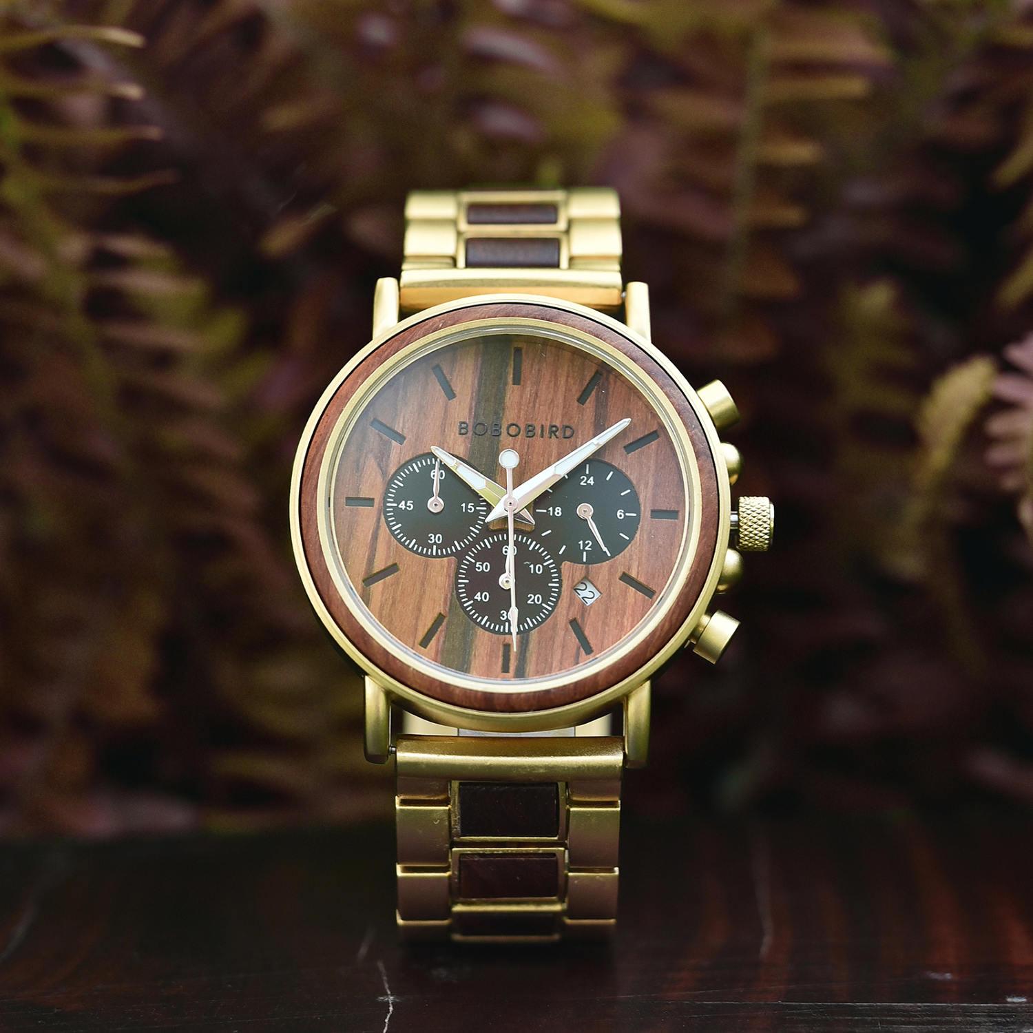 パーソナライズされたギフトローズウッドラウンドゴールドクロノグラフメンズ木製腕時計 - Sunlight Q26-2