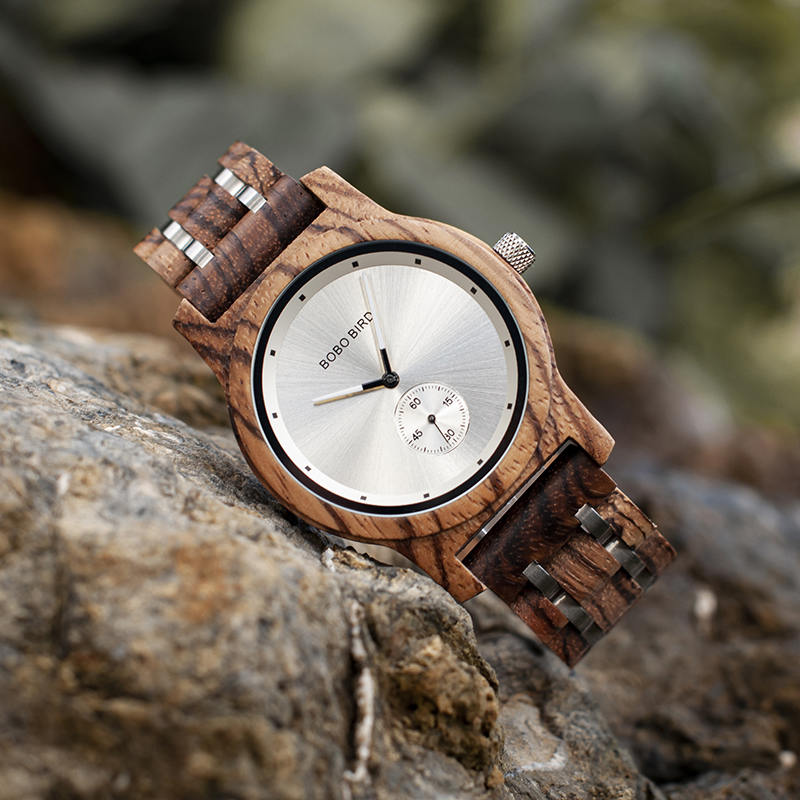 Herren Zebrawood Edelstahl Uhr Chronograph Quarz Japanisches Uhrwerk Holz Uhr P18-2