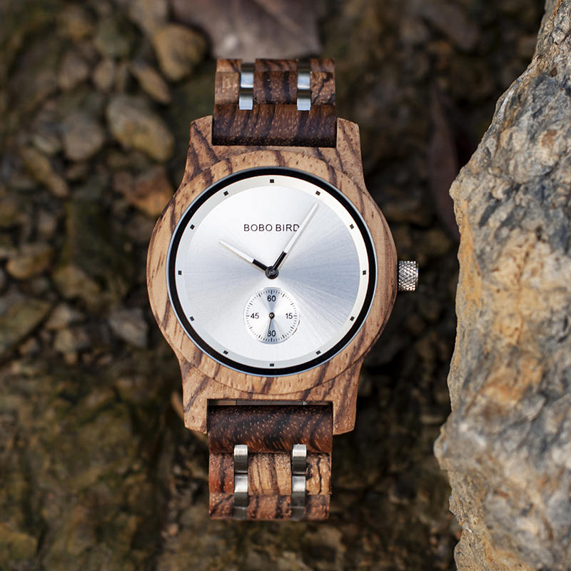 Men's Zebrawood Stainless Steel Watch Chronograph Quartz Japanese 