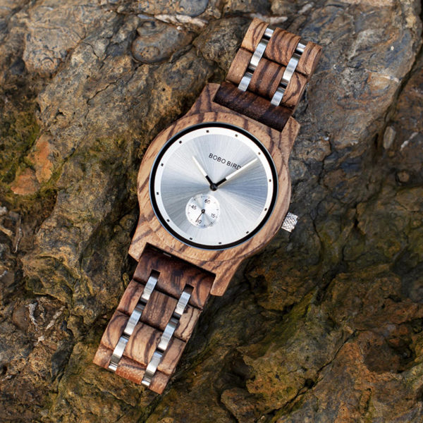Herren Zebrawood Edelstahl Uhr Chronograph Quarz japanisches Uhrwerk Holz Uhr Q18-2