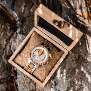 Men's Zebra Wooden Silver Stainless Steel Quartz Chronograph Watch - Ralph R01-4