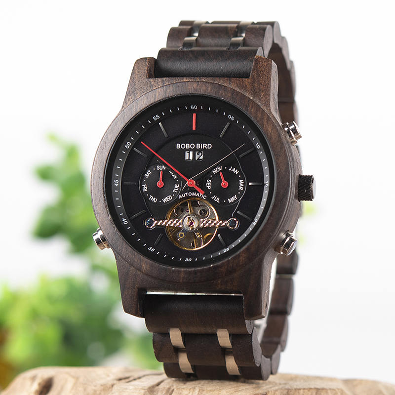 Reloj mecánico de lujo multifunción de madera para negocios Q27-1