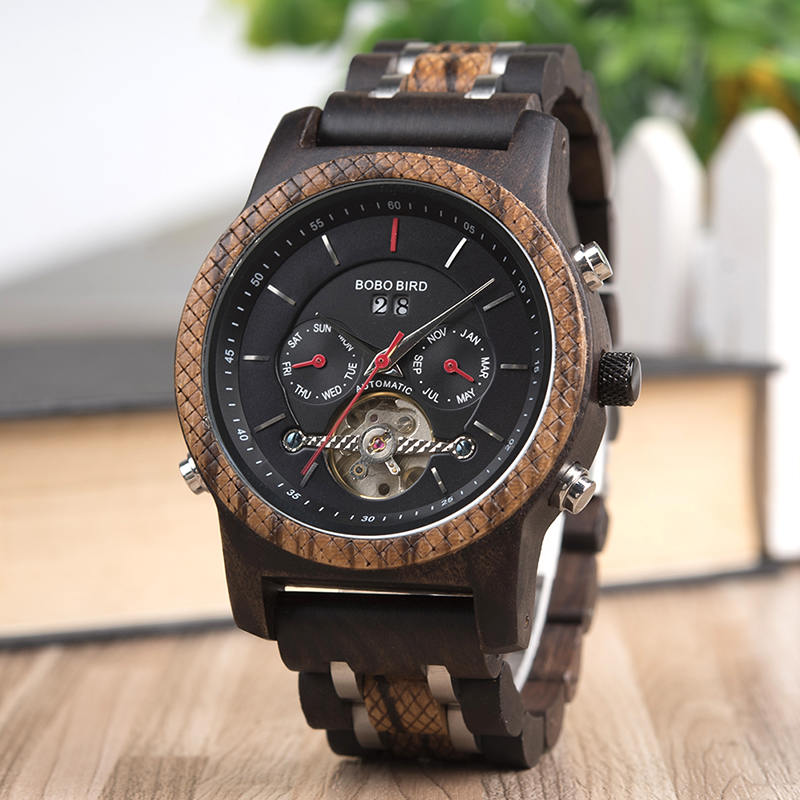 Relógio Mecânico de Luxo Multifuncional de Madeira de Negócios Q27-5