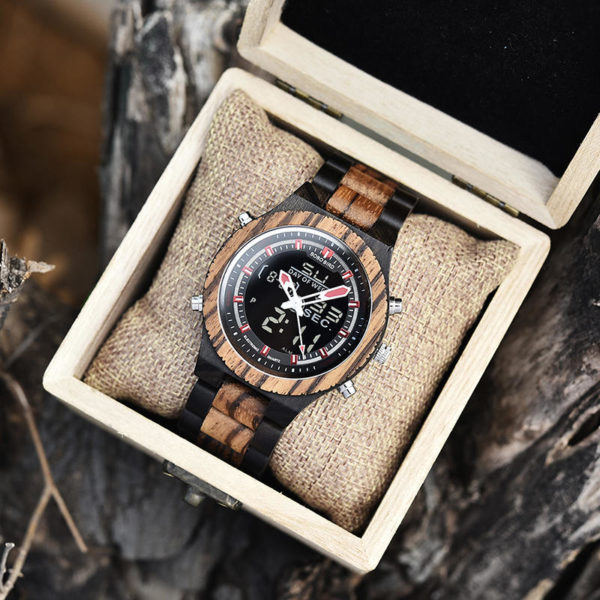 Wooden Watches for Men Dual Display Quartz Watch for Men LED Digital Army Military Sport Wristwatch P02-3