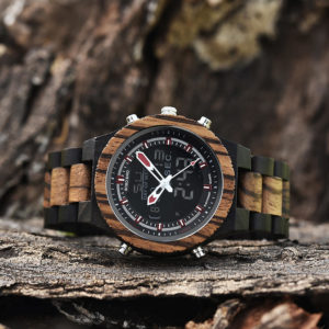 Wooden Watches for Men Dual Display Quartz Watch for Men LED Digital Army Military Sport Wristwatch P02-3