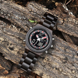 Wooden Watches for Men Ebony Wood Dual Display Quartz Watch for Men LED Digital Army Military Sport Wristwatch P02-1