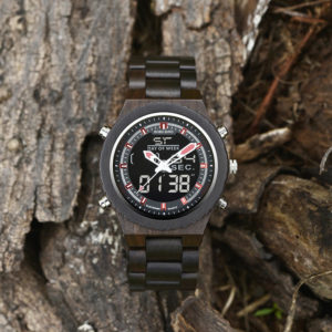 Wooden Watches for Men Ebony Wood Dual Display Quartz Watch for Men LED Digital Army Military Sport Wristwatch P02-1