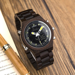 Wooden Watches for Men Ebony Wood Dual Display Quartz Watch for Men LED Digital Army Military Sport Wristwatch P02-2