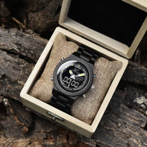 Wooden Watches for Men Ebony Wood Dual Display Quartz Watch for Men LED Digital Army Military Sport Wristwatch P02-2-3