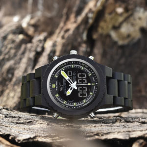 Wooden Watches for Men Ebony Wood Dual Display Quartz Watch for Men LED Digital Army Military Sport Wristwatch P02-2-4