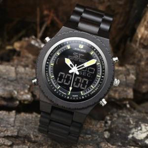 Wooden Watches for Men Ebony Wood Dual Display Quartz Watch for Men LED Digital Army Military Sport Wristwatch P02-2-5