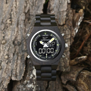 Wooden Watches for Men Ebony Wood Dual Display Quartz Watch for Men LED Digital Army Military Sport Wristwatch P02-2-6
