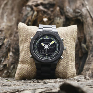 Wooden Watches for Men Ebony Wood Dual Display Quartz Watch for Men LED Digital Army Military Sport Wristwatch P02-2