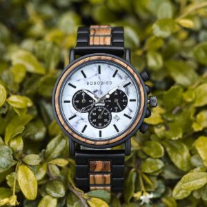 Klassische handgefertigte Zebra-Holz-Uhr marmoriertes Zifferblatt Herren-Chronograph-Holz-Uhr