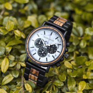 Klassische handgefertigte Zebra-Holz-Uhr marmoriertes Zifferblatt Herren-Chronograph-Holz-Uhr - P09-4