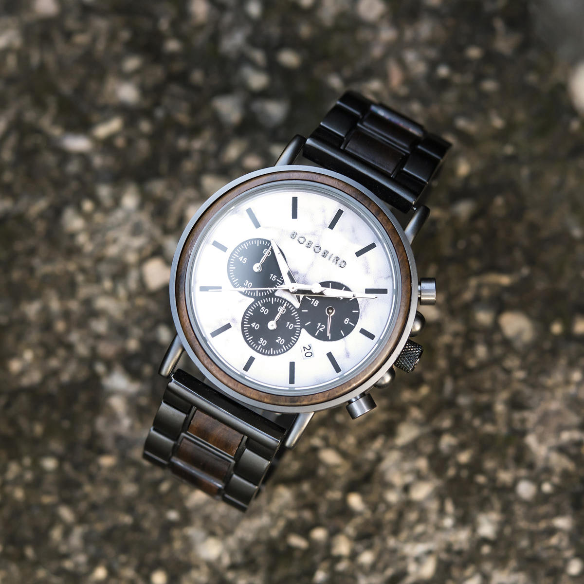 Mens Wooden Watch Natural Ebony & Marble Handmade - Aurora P09-5