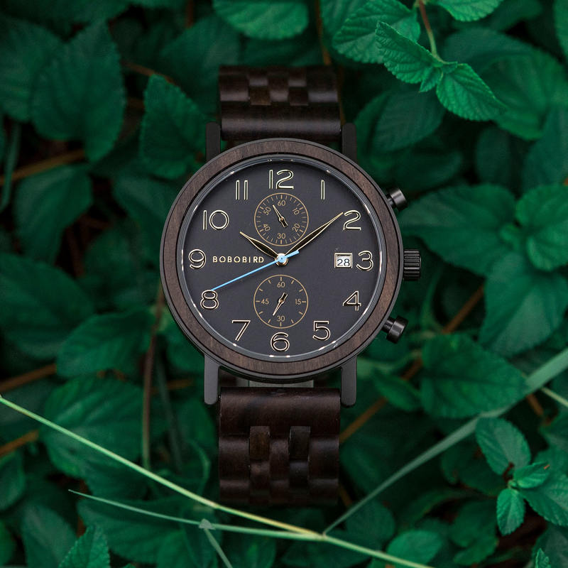 Relógio de Bordo Clássico Feito à Mão Homem Relógio de Madeira Natural com Mostrador de Data Relógios Cronográficos S08 -1