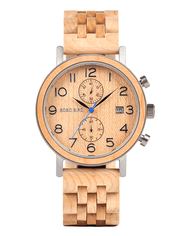 Men's Classic Handmade Maple Wooden Watch Natural Wooden Dial with Date Display Chronograph Watches - Socrates S08-2