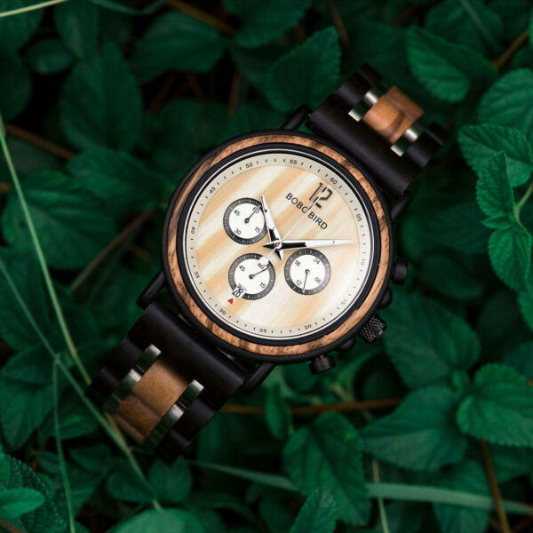 Handmade Original Wood Grain Wooden Watches for Men Ebony Stainless Steel Chronograph Watch - Peredur S18-2