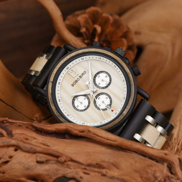 Handmade Original Wood Grain Wooden Watches for Men Ebony Stainless Steel Chronograph Watch - Peredur S18-2