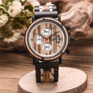 Handmade Zebrawood & Stainless Steel Combined Chronograph Mens Wooden Watch - Galahad