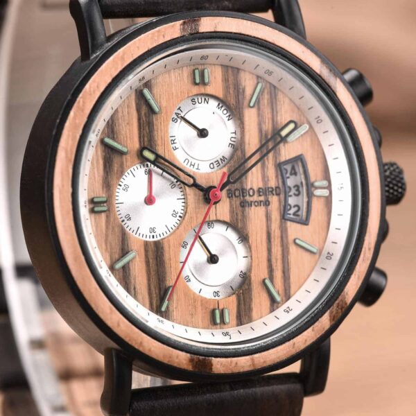 Handmade Zebrawood & Stainless Steel Combined  Chronograph Mens Wooden Watch - Galahad S18-3