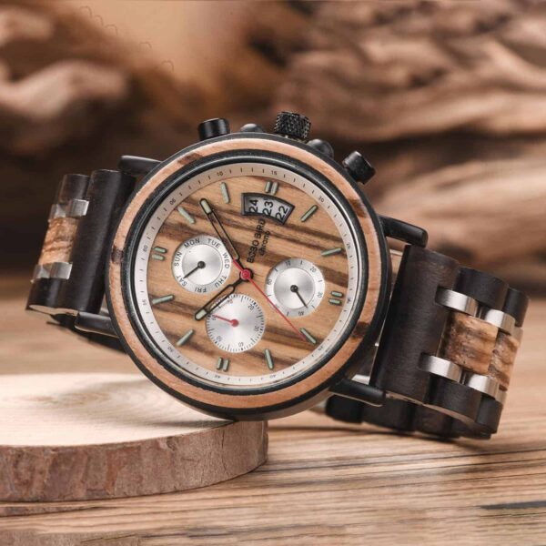 Handmade Zebrawood & Stainless Steel Combined  Chronograph Mens Wooden Watch - Galahad S18-3