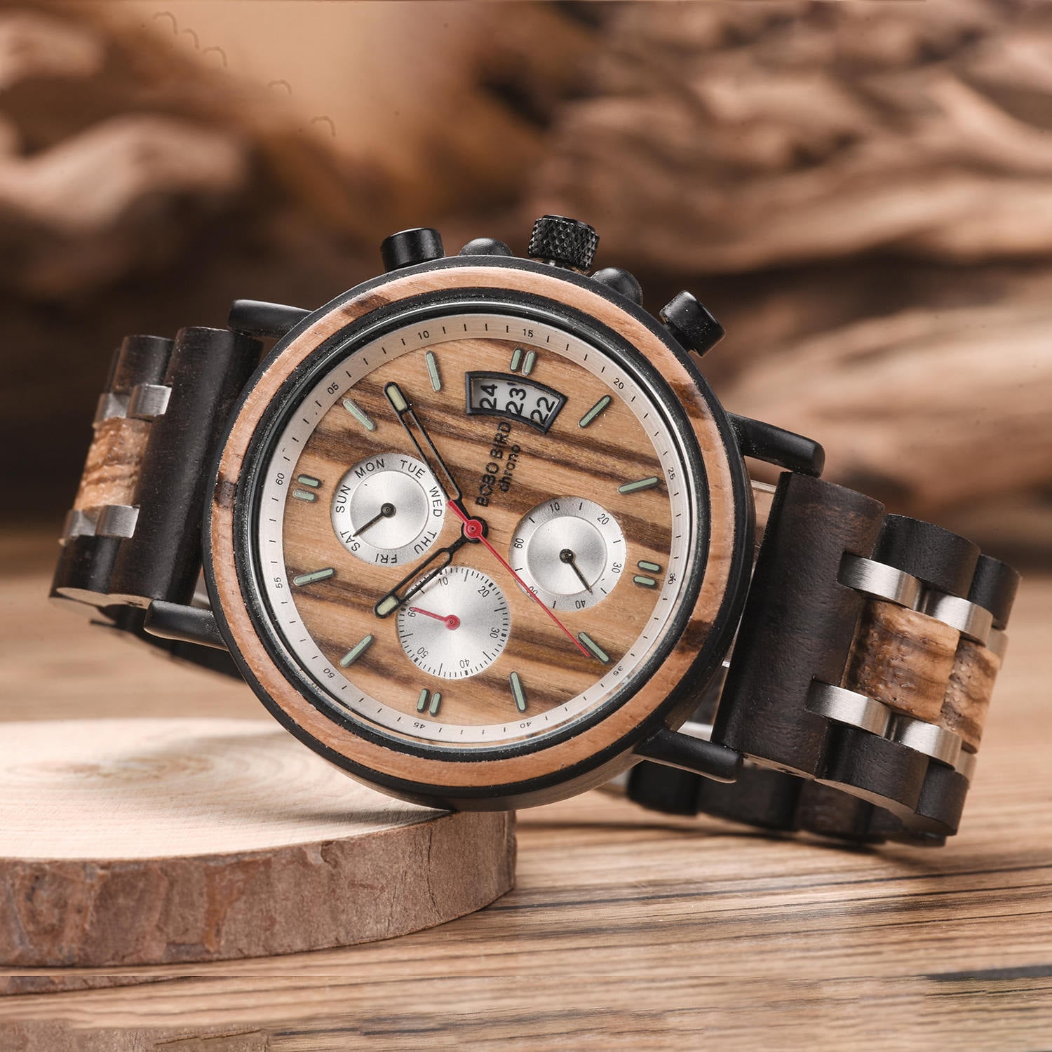 Bobo Bird Handmade Zebrawood & Stainless Steel Combined  Chronograph Mens Wooden Watch - Galahad S18-3