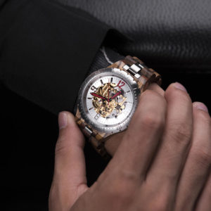 Relojes de madera de cebra natural de primera calidad con movimiento mecánico automático para hombres Mejor regalo para él - Oro S11-2