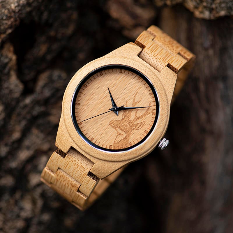 Classic Handmade Natural Bamboo Wood Watches With Deer Head Engrave Dial With Bamboo Strap D28-4 Classic Handmade Natural Bamboo Wood Watches With Deer Head Engrave Dial With Bamboo Strap D28-4