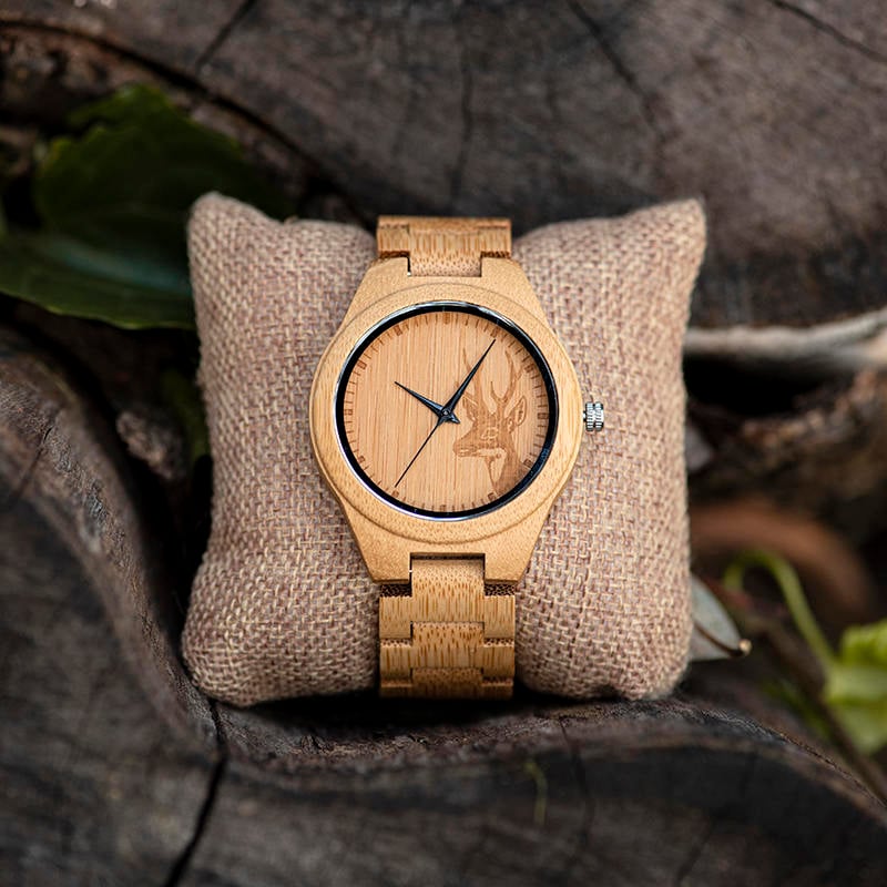 Classic Handmade Natural Bamboo Wood Watches With Deer Head Engrave Dial With Bamboo Strap D28-8 Classic Handmade Natural Bamboo Wood Watches With Deer Head Engrave Dial With Bamboo Strap D28-8