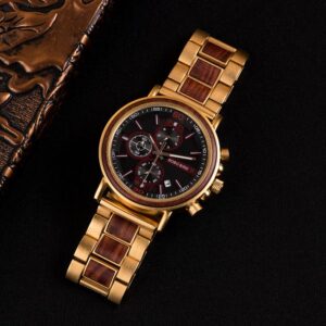 Natural Ebony and Gold Stainless Steel Handmade Engraved Wooden Watch for Men - Lancelot S18-4