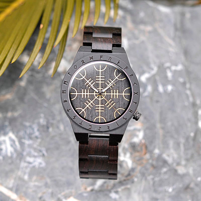 Handmade Natural Ebony Engraved Wooden Watch Scandinavian Runes Helm of Awe T16-1-3 Handmade Natural Ebony Engraved Wooden Watch Scandinavian Runes Helm of Awe T16-1-3