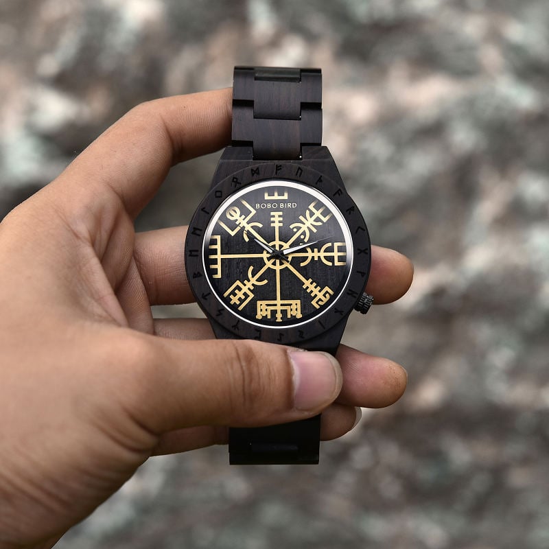 Handmade Natural Ebony wood Engraved Wooden Watches The Viking CompassThe Runic Compass - Vegvisir T16-4-1 Handmade Natural Ebony wood Engraved Wooden Watches The Viking CompassThe Runic Compass - Vegvisir T16-4-1