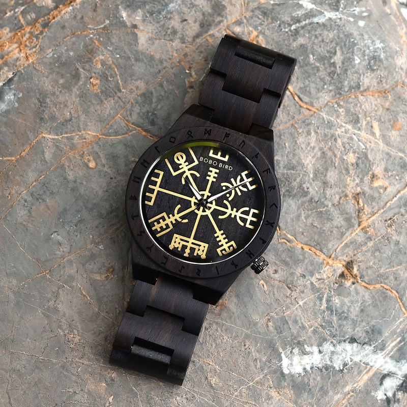 Handmade Natural Ebony wood Engraved Wooden Watches The Viking CompassThe Runic Compass - Vegvisir T16-4-2 Handmade Natural Ebony wood Engraved Wooden Watches The Viking CompassThe Runic Compass - Vegvisir T16-4-2