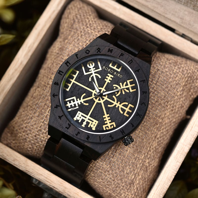 Handmade Natural Ebony wood Engraved Wooden Watches The Viking CompassThe Runic Compass - Vegvisir T16-4-4 Handmade Natural Ebony wood Engraved Wooden Watches The Viking CompassThe Runic Compass - Vegvisir T16-4-4