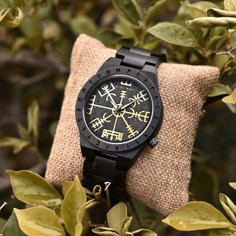 Handmade Natural Ebony wood Engraved Wooden Watches The Viking CompassThe Runic Compass - Vegvisir T16-4-5 Handmade Natural Ebony wood Engraved Wooden Watches The Viking CompassThe Runic Compass - Vegvisir T16-4-5