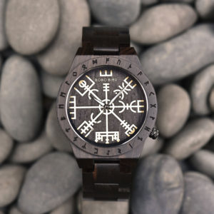 Handmade Natural Ebony wood Engraved Wooden Watches The Viking CompassThe Runic Compass - Vegvisir T16-4-6
