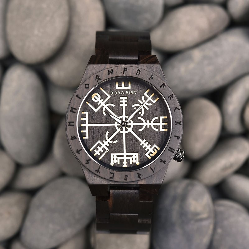 Handmade Natural Ebony wood Engraved Wooden Watches The Viking CompassThe Runic Compass - Vegvisir T16-4-6 Handmade Natural Ebony wood Engraved Wooden Watches The Viking CompassThe Runic Compass - Vegvisir T16-4-6