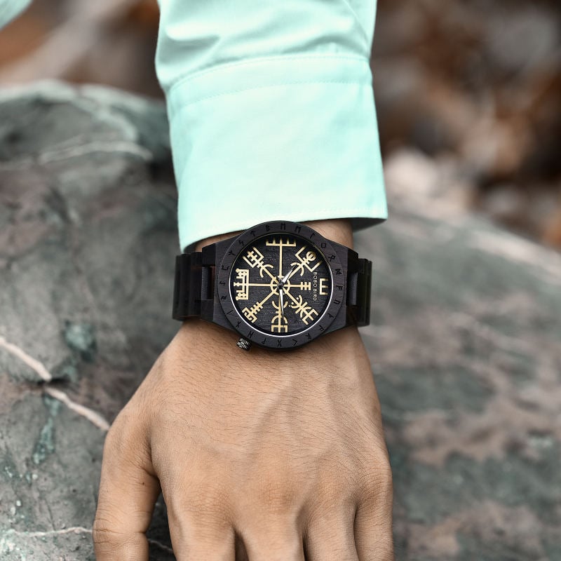 Handmade Natural Ebony wood Engraved Wooden Watches The Viking CompassThe Runic Compass - Vegvisir T16-4-9 Handmade Natural Ebony wood Engraved Wooden Watches The Viking CompassThe Runic Compass - Vegvisir T16-4-9