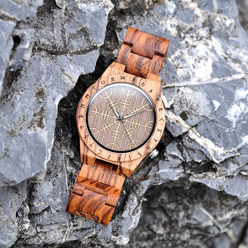 Handmade Natural Zebrawood Engraved Wooden Watches Scandinavian Runes - Helm of Awe T16-2-6 Handmade Natural Zebrawood Engraved Wooden Watches Scandinavian Runes - Helm of Awe T16-2-6