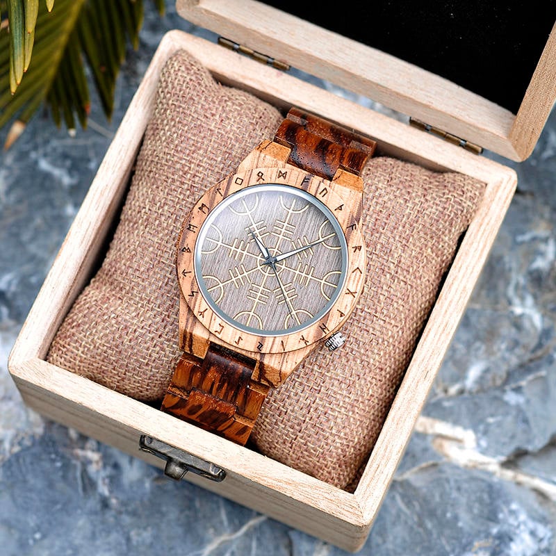 Handmade Natural Zebrawood Engraved Wooden Watches Scandinavian Runes - Helm of Awe T16-2-8 Handmade Natural Zebrawood Engraved Wooden Watches Scandinavian Runes - Helm of Awe T16-2-8