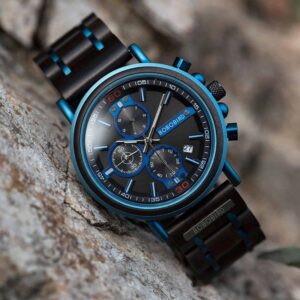 Natural Ebony and Blue Stainless Steel Men's Wooden Chronograph Watch - Kay S18-6_1500_10