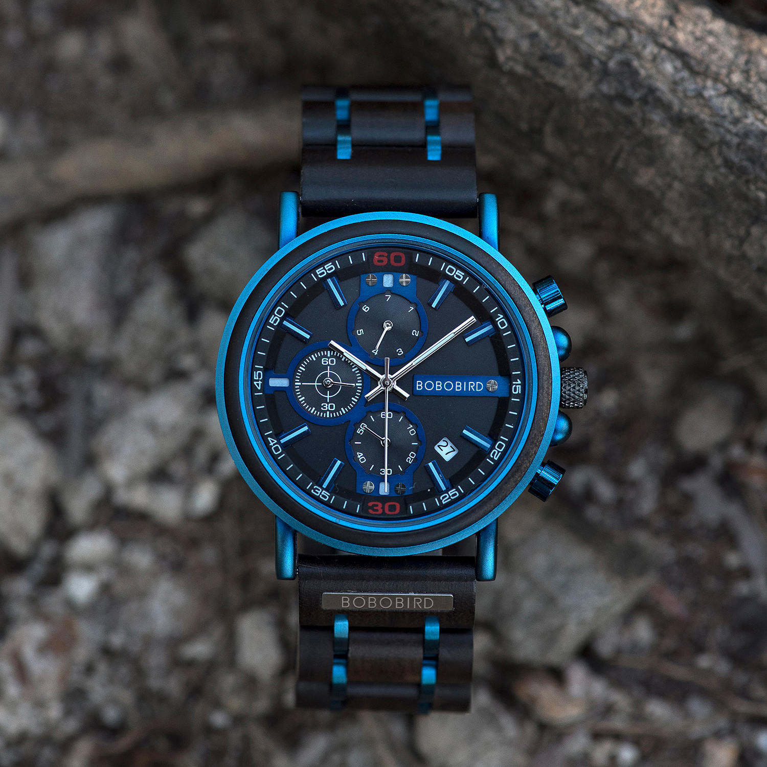 Orologio cronografo in legno da uomo in ebano naturale e acciaio inossidabile blu - Kay