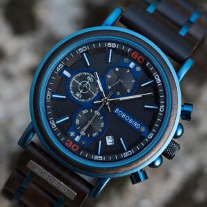 Natural Ebony and Blue Stainless Steel Men's Wooden Chronograph Watch - Kay S18-6_1500_15 Natural Ebony and Blue Stainless Steel Men's Wooden Chronograph Watch - Kay S18-6_1500_15