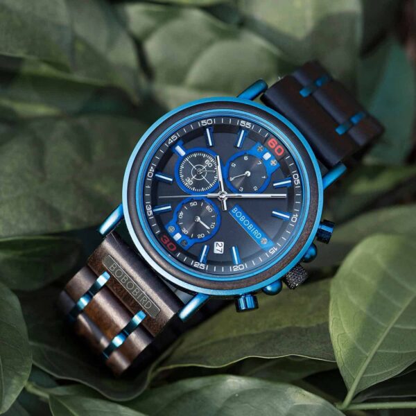 Natural Ebony and Blue Stainless Steel Men's Wooden Chronograph Watch - Kay S18-6