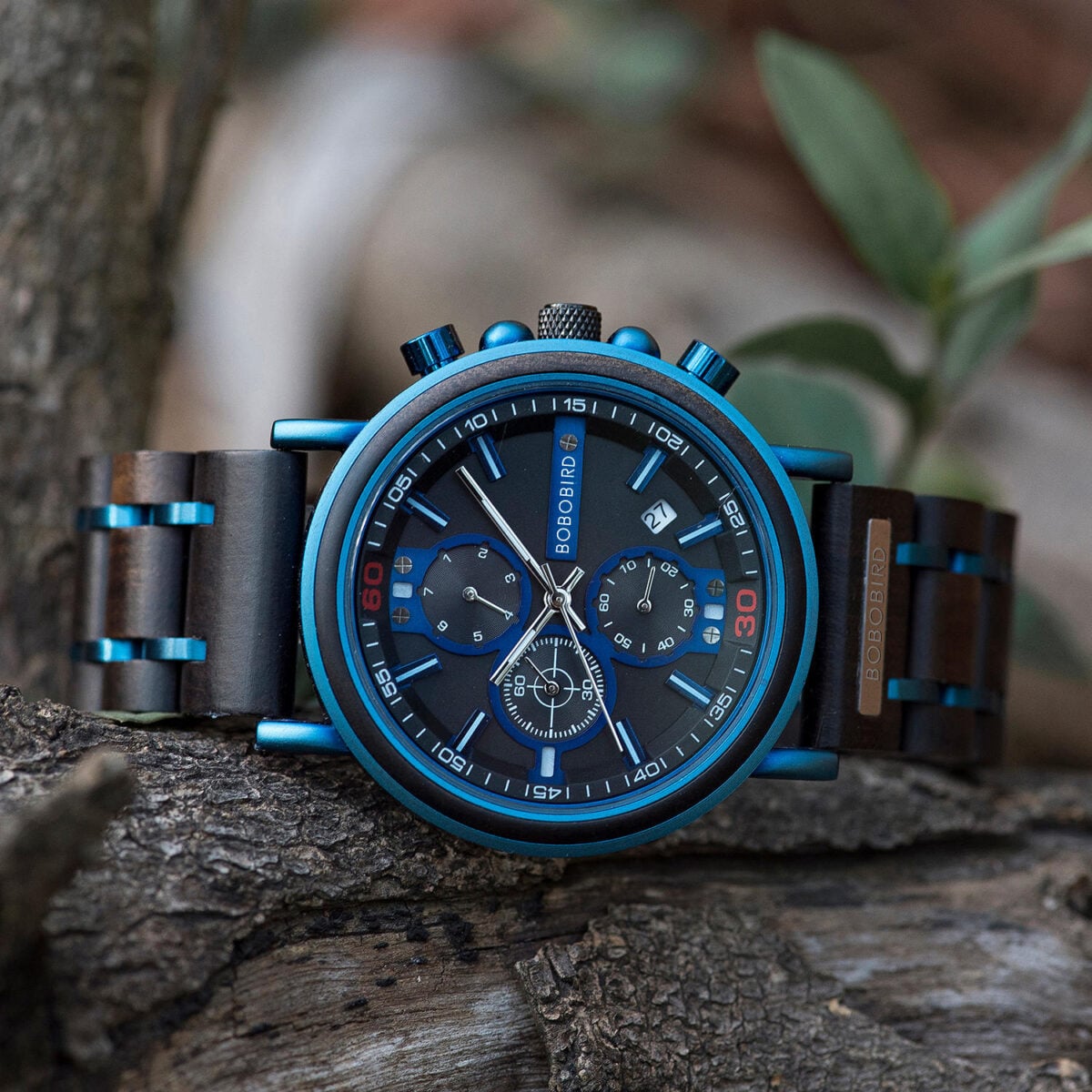 Natural Ebony and Blue Stainless Steel Men's Wooden Chronograph Watch - Kay S18-6_1500_4 Natural Ebony and Blue Stainless Steel Men's Wooden Chronograph Watch - Kay S18-6_1500_4