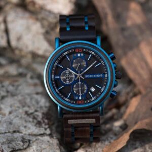 Natural Ebony and Blue Stainless Steel Men's Wooden Chronograph Watch - Kay S18-6